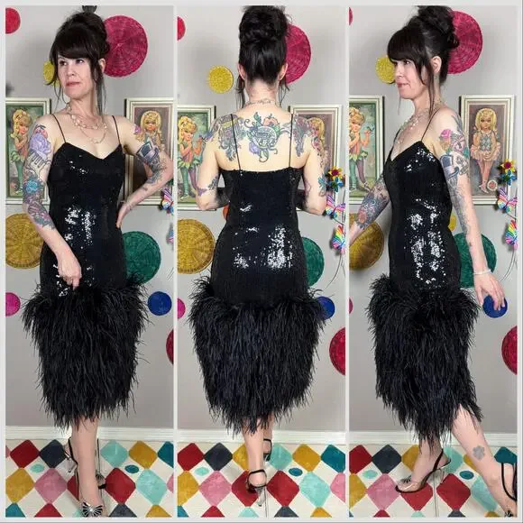 Vintage 1970s Black Sequins and Ostrich Feather Cocktail Dress - Picture 3 of 8